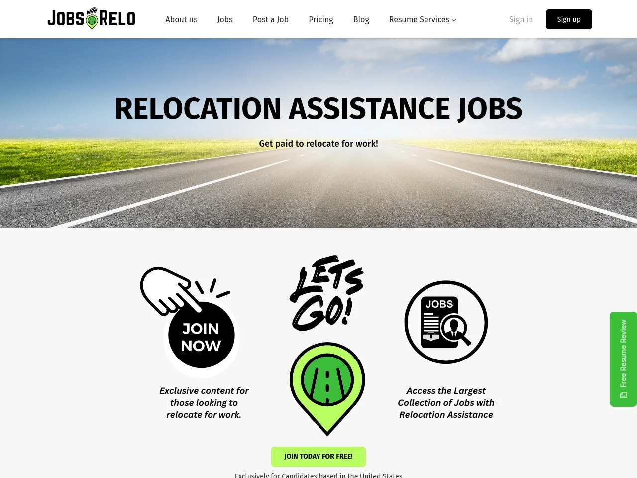 Jobs With Relo job board platform screenshot showing job search interface