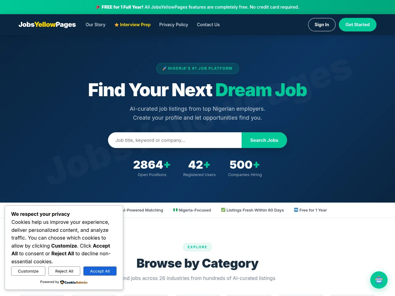 JobsYellowPages job board platform screenshot showing job search interface