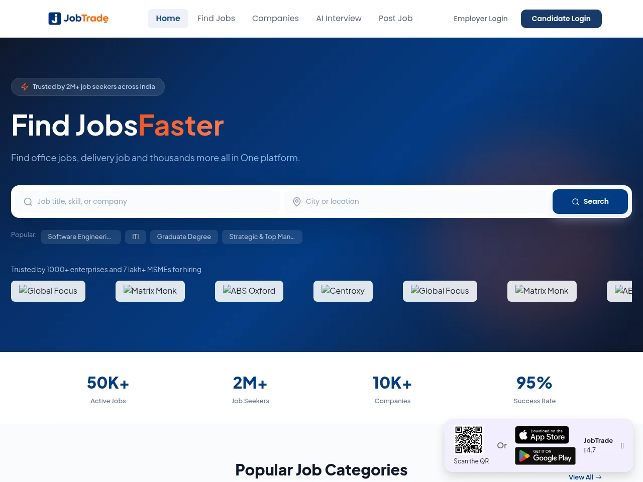 JobTrade job board platform screenshot showing job search interface