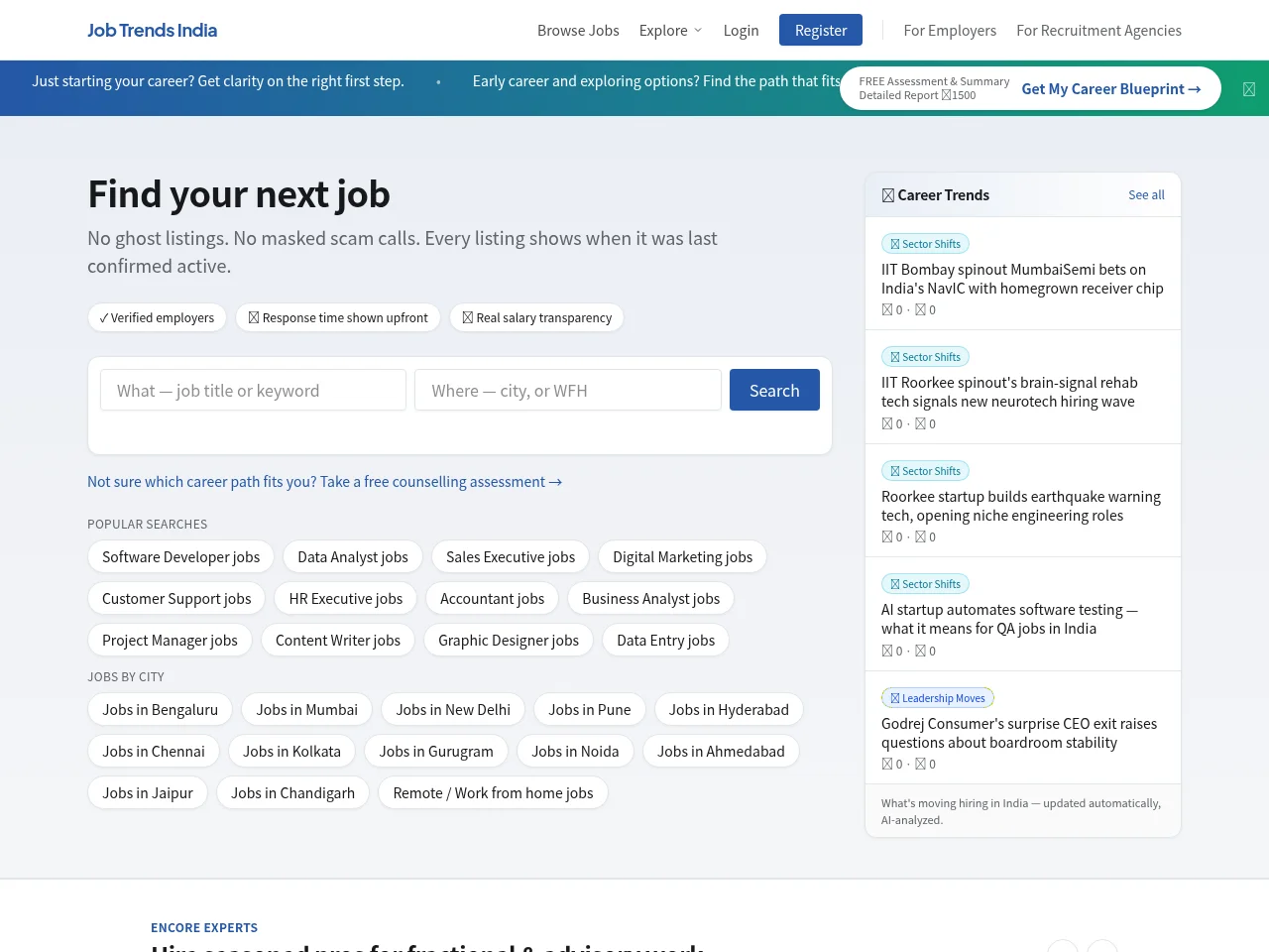 Job Trends India job board platform screenshot showing job search interface