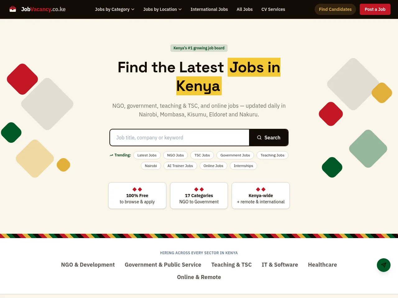 JobVacancy.co.ke job board platform screenshot showing job search interface