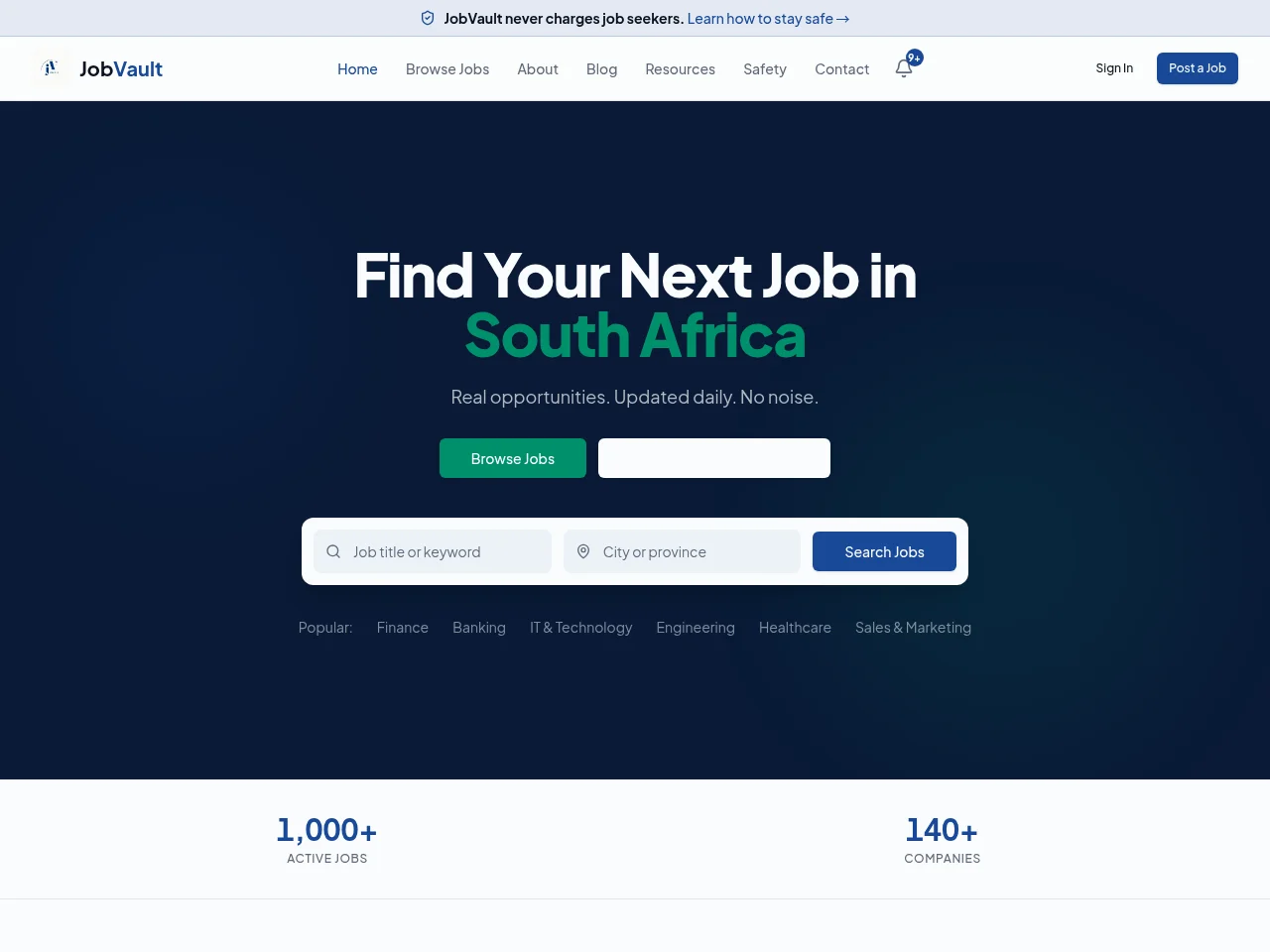 JobVault job board platform screenshot showing job search interface