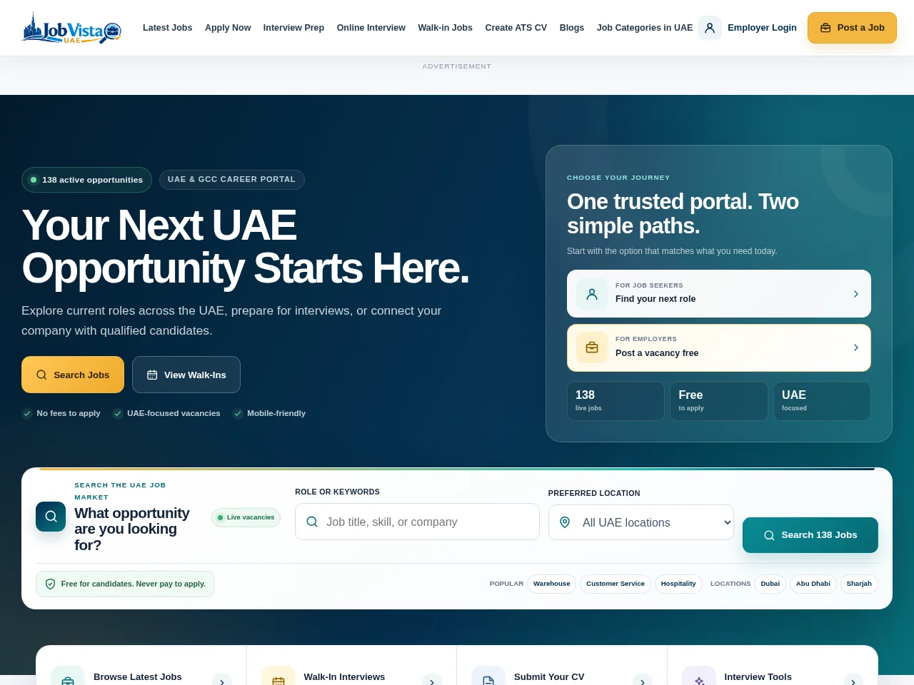 Job Vista UAE job board platform screenshot showing job search interface
