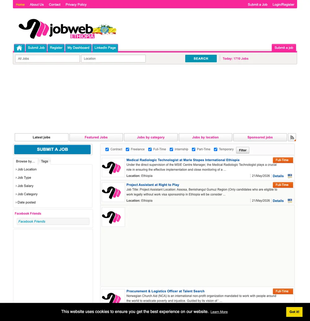 Jobweb Ethiopia job board platform screenshot showing job search interface