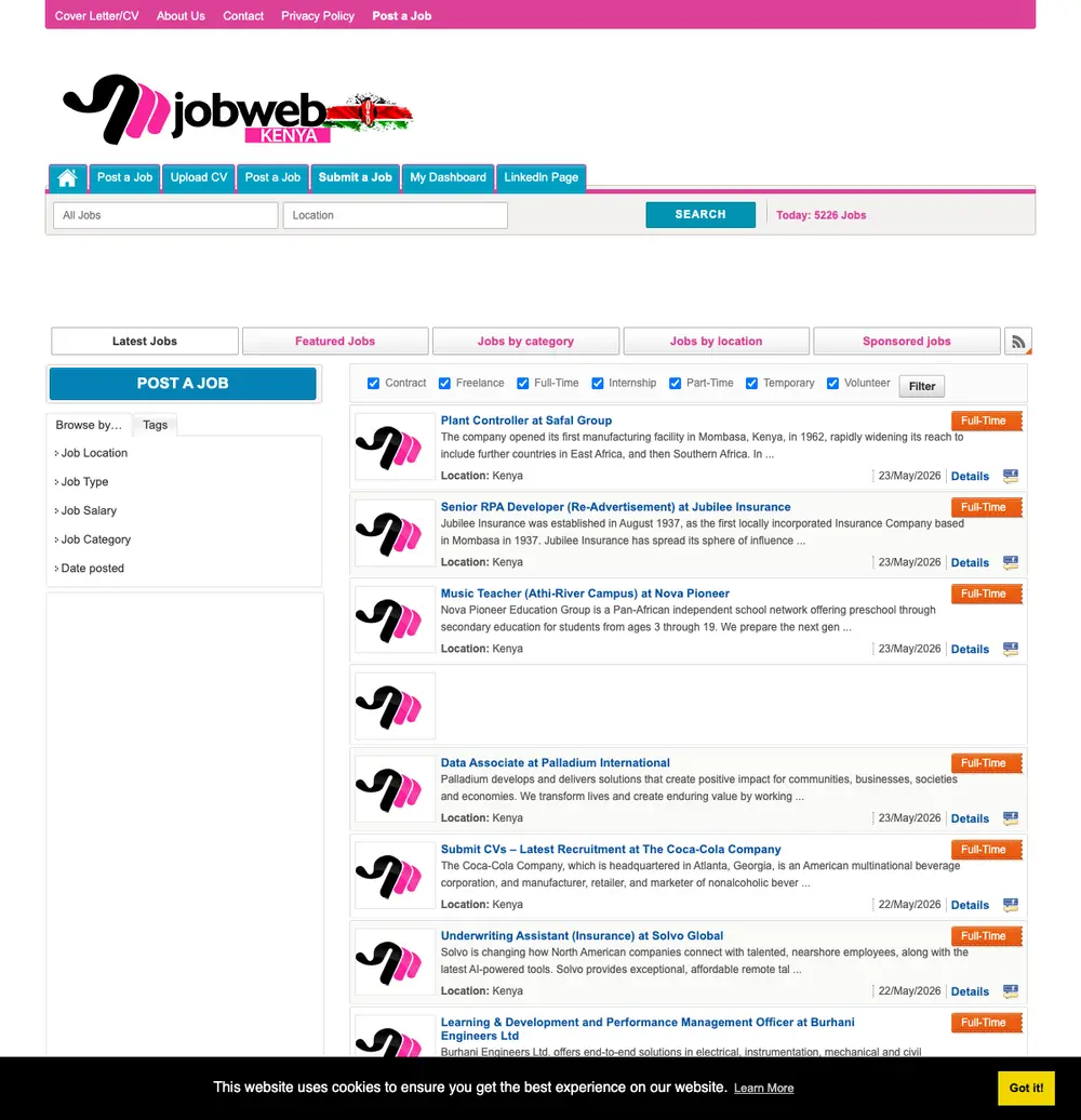 Jobweb Kenya job board platform screenshot showing job search interface