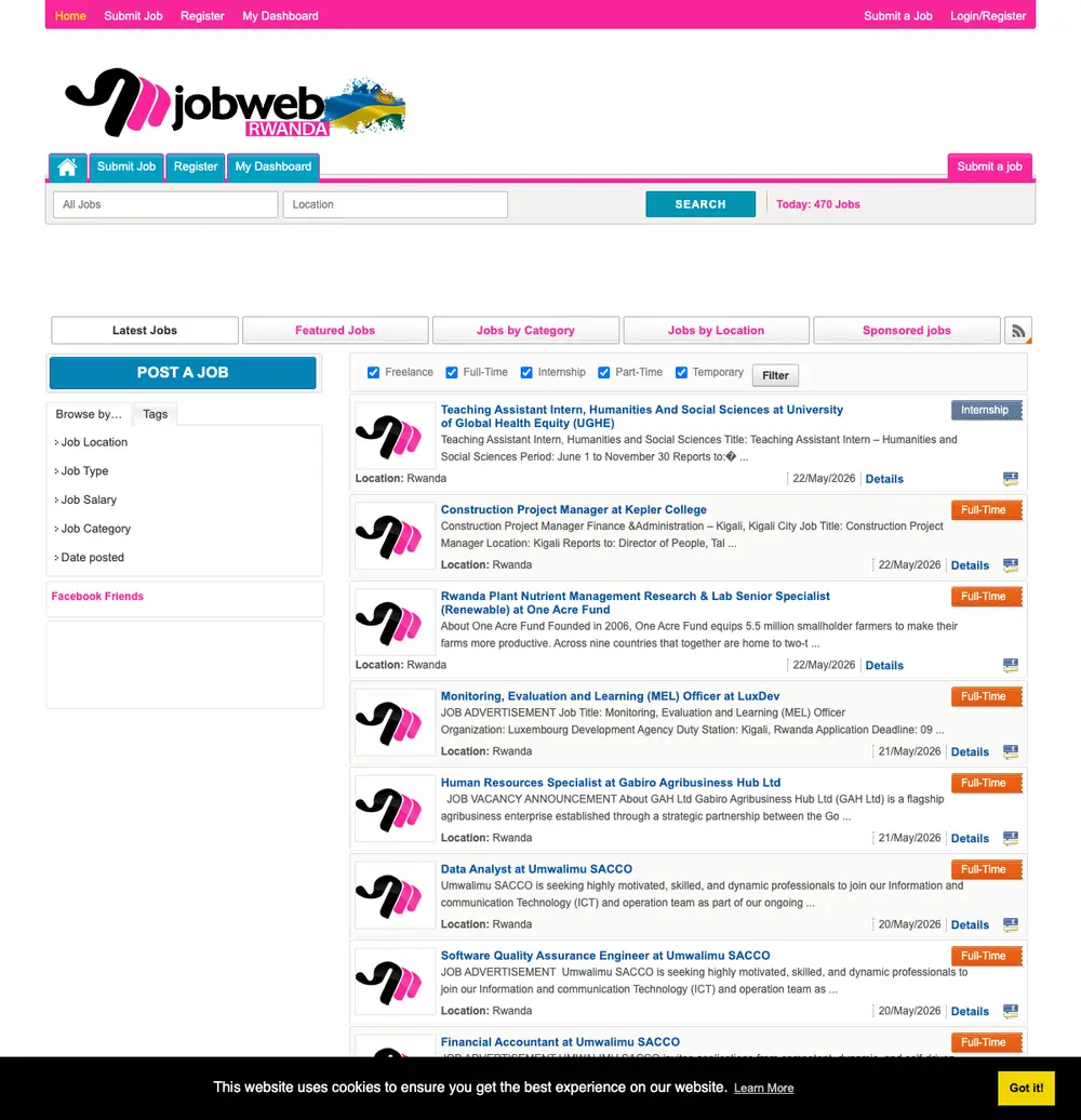 Jobweb Rwanda job board platform screenshot showing job search interface