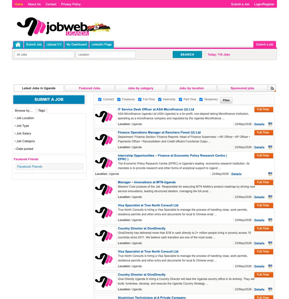 Jobweb Uganda job board platform screenshot showing job search interface