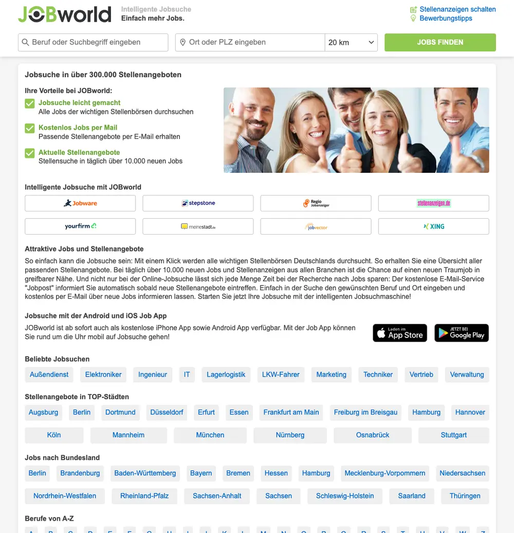 JOBworld job board platform screenshot showing job search interface