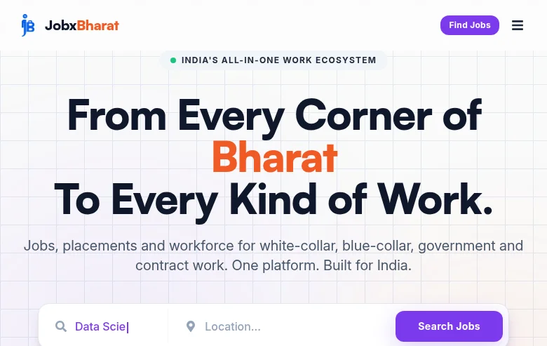 JobxBharat job board platform screenshot showing job search interface