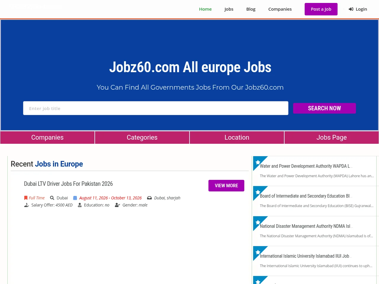 Jobz60.com job board platform screenshot showing job search interface
