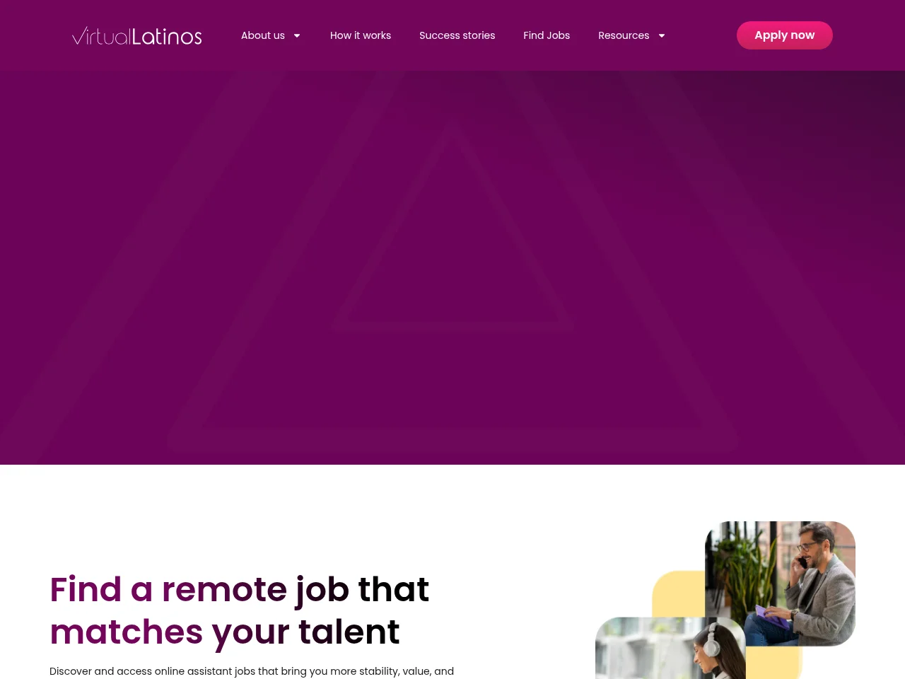 Virtual Latinos job board platform screenshot showing job search interface
