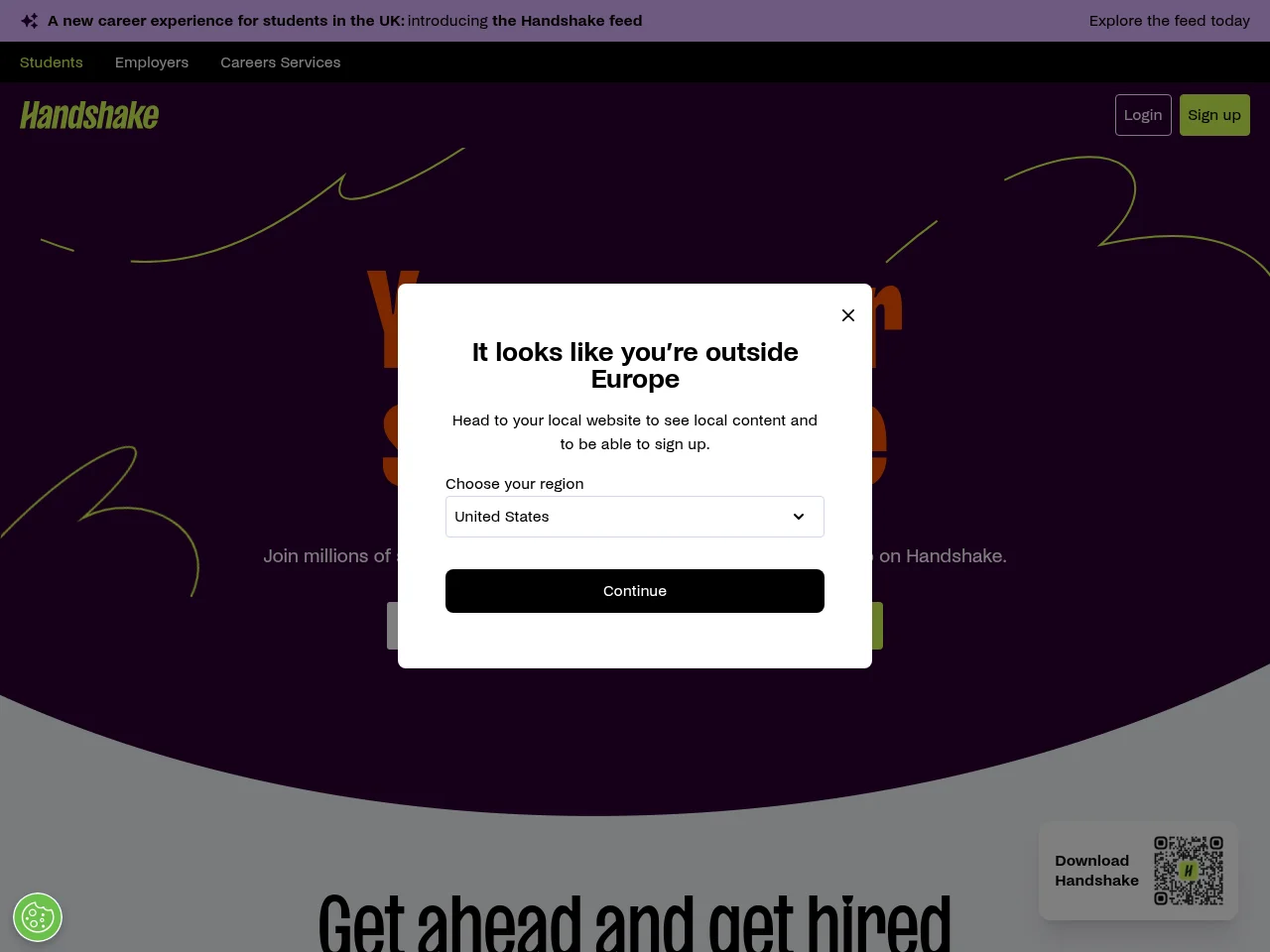Handshake job board platform screenshot showing job search interface