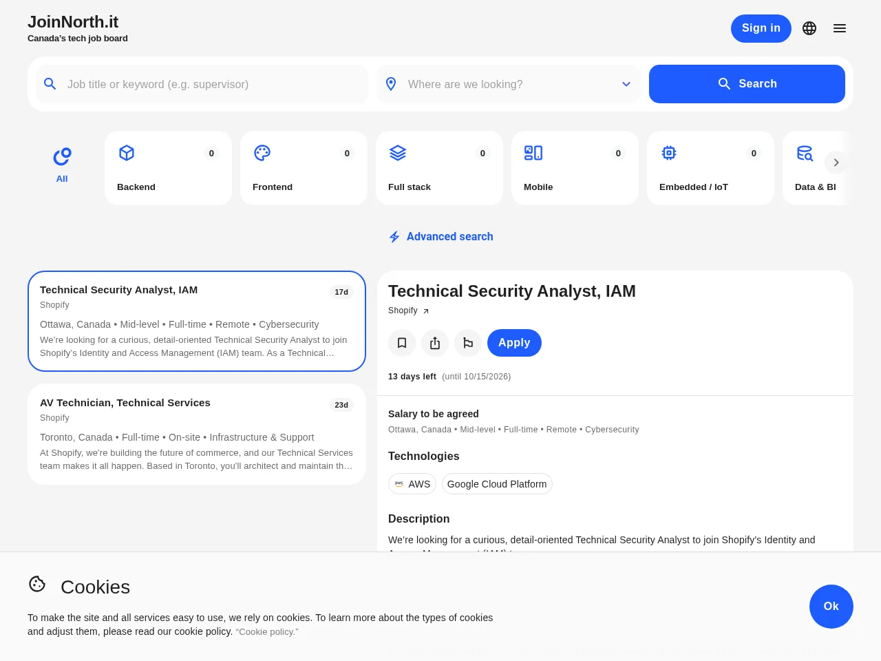 JoinNorth job board platform screenshot showing job search interface