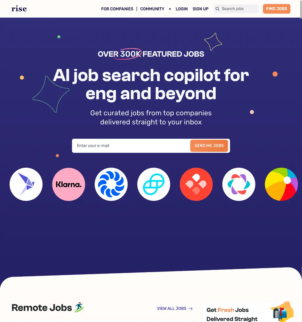 Rise job board platform screenshot showing job search interface