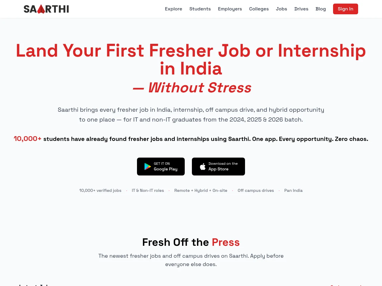 Saarthi job board platform screenshot showing job search interface