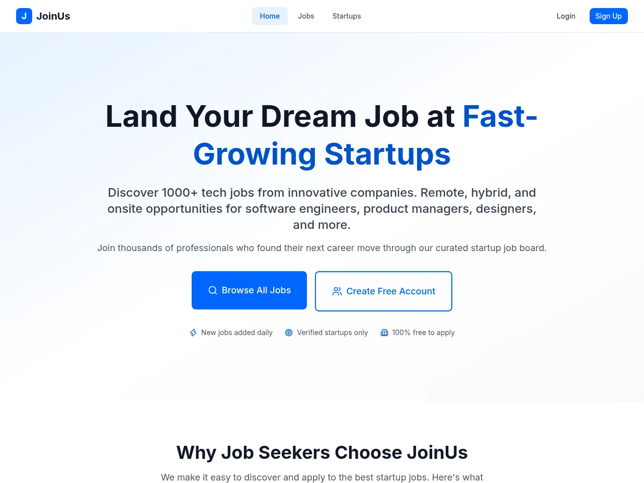 JoinUs job board platform screenshot showing job search interface