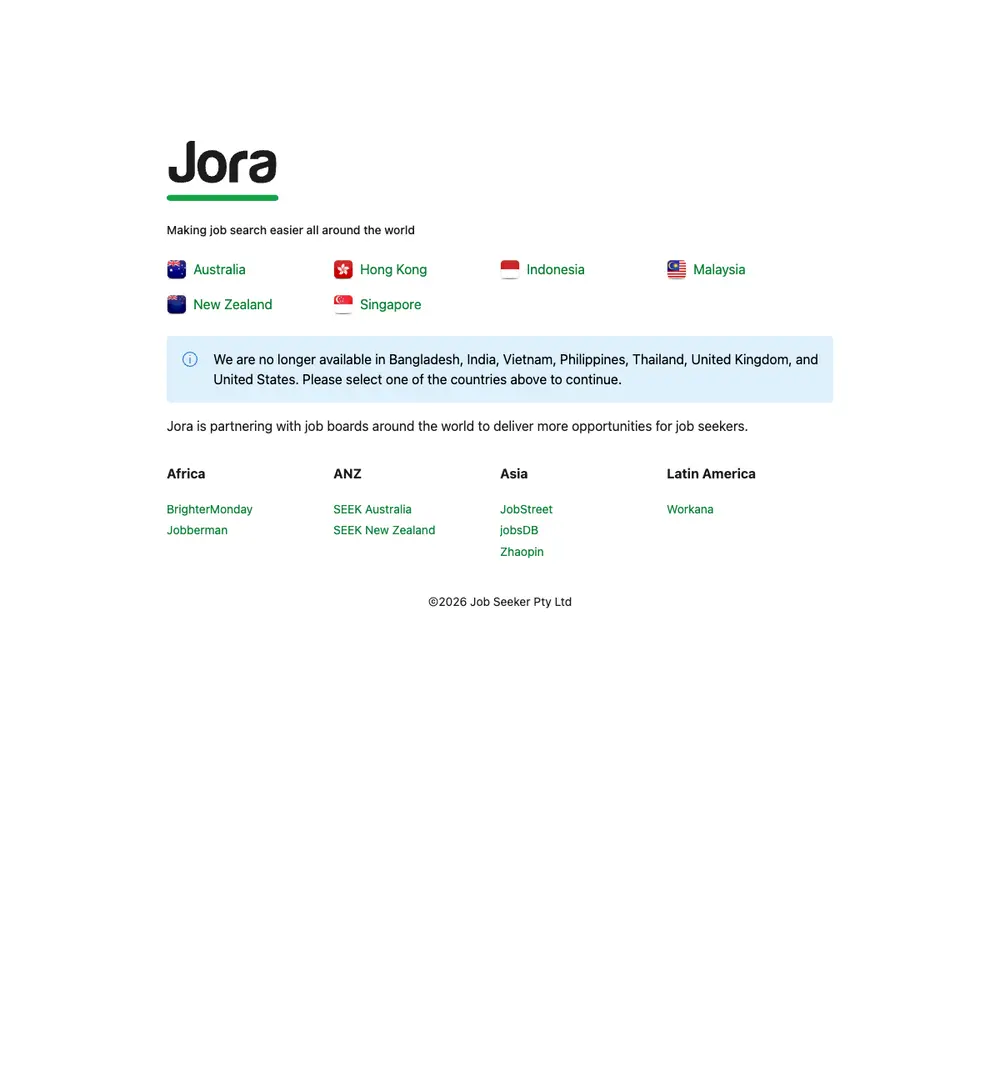 Jora job board platform screenshot showing job search interface