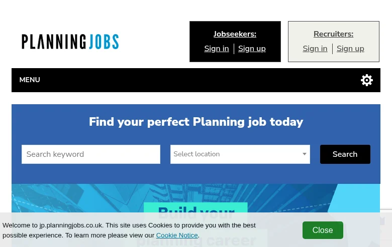 Planning Jobs job board platform screenshot showing job search interface
