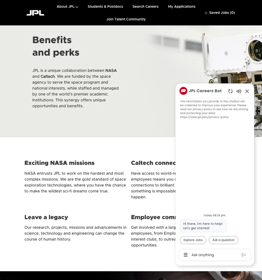 JPL Careers job board platform screenshot showing job search interface