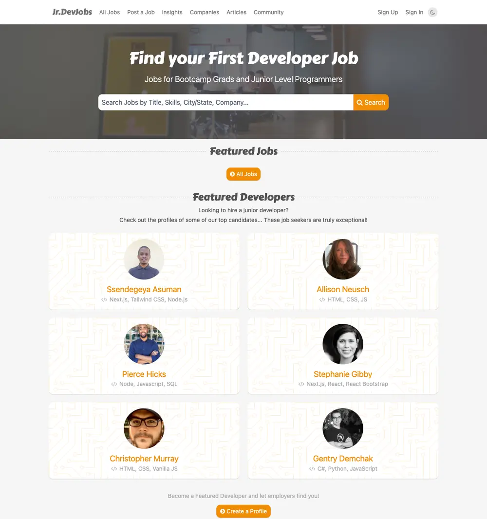 Jr.DevJobs job board platform screenshot showing job search interface