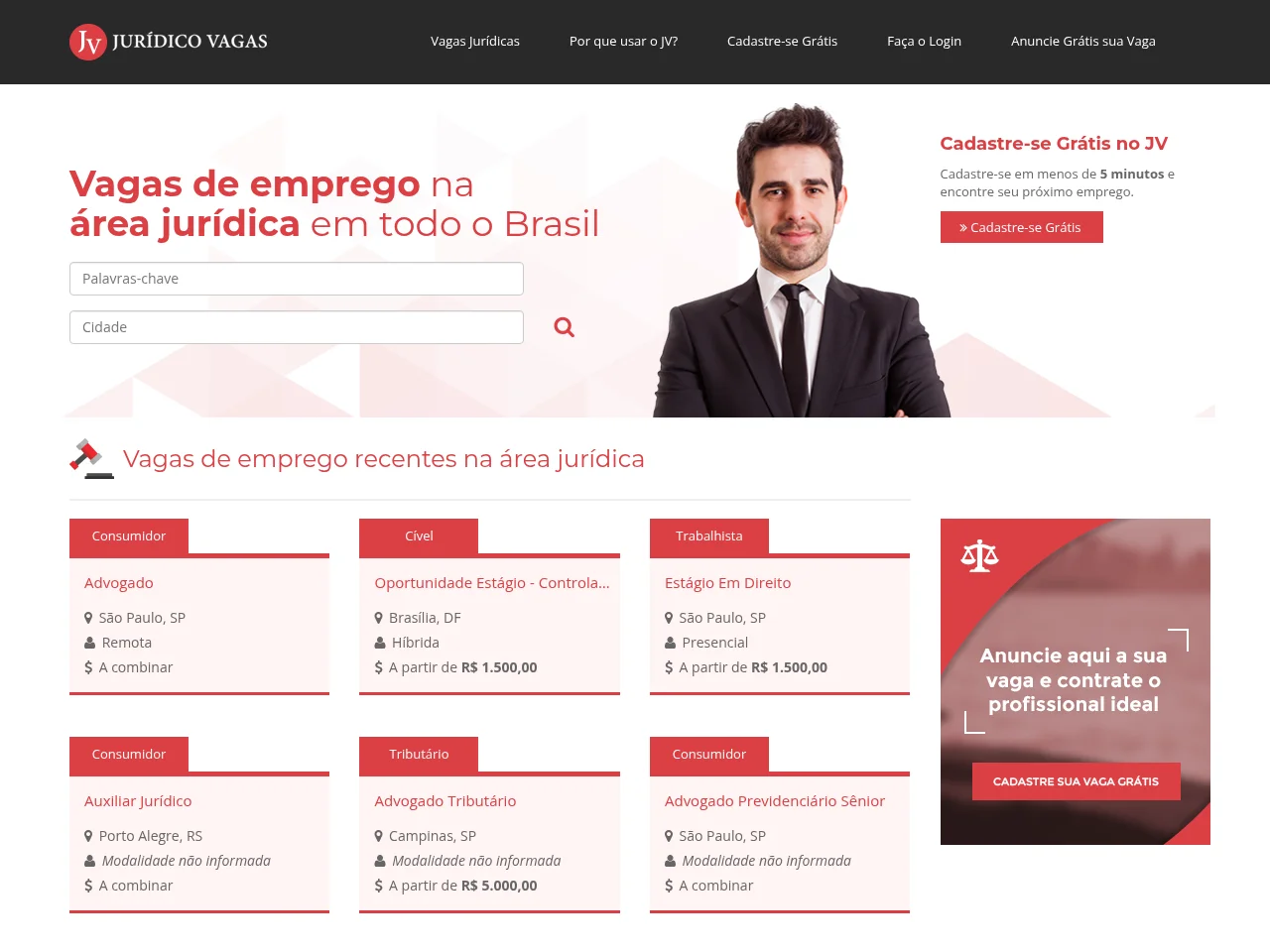 Jurídico Vagas job board platform screenshot showing job search interface