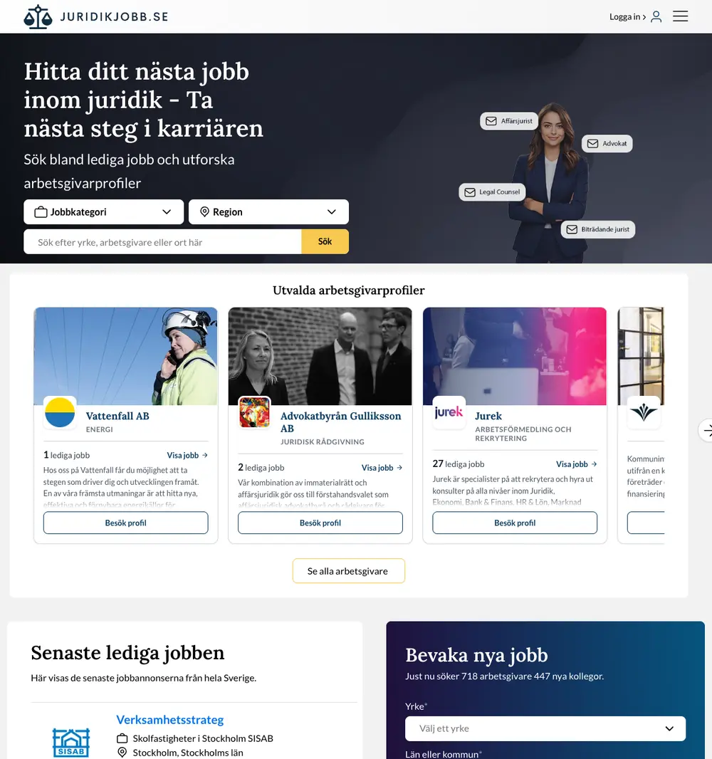 Juridikjobb job board platform screenshot showing job search interface