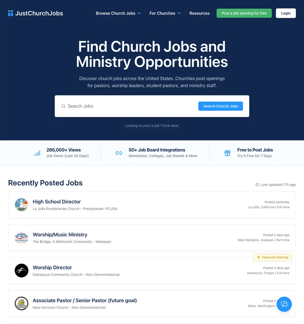 JustChurchJobs job board platform screenshot showing job search interface