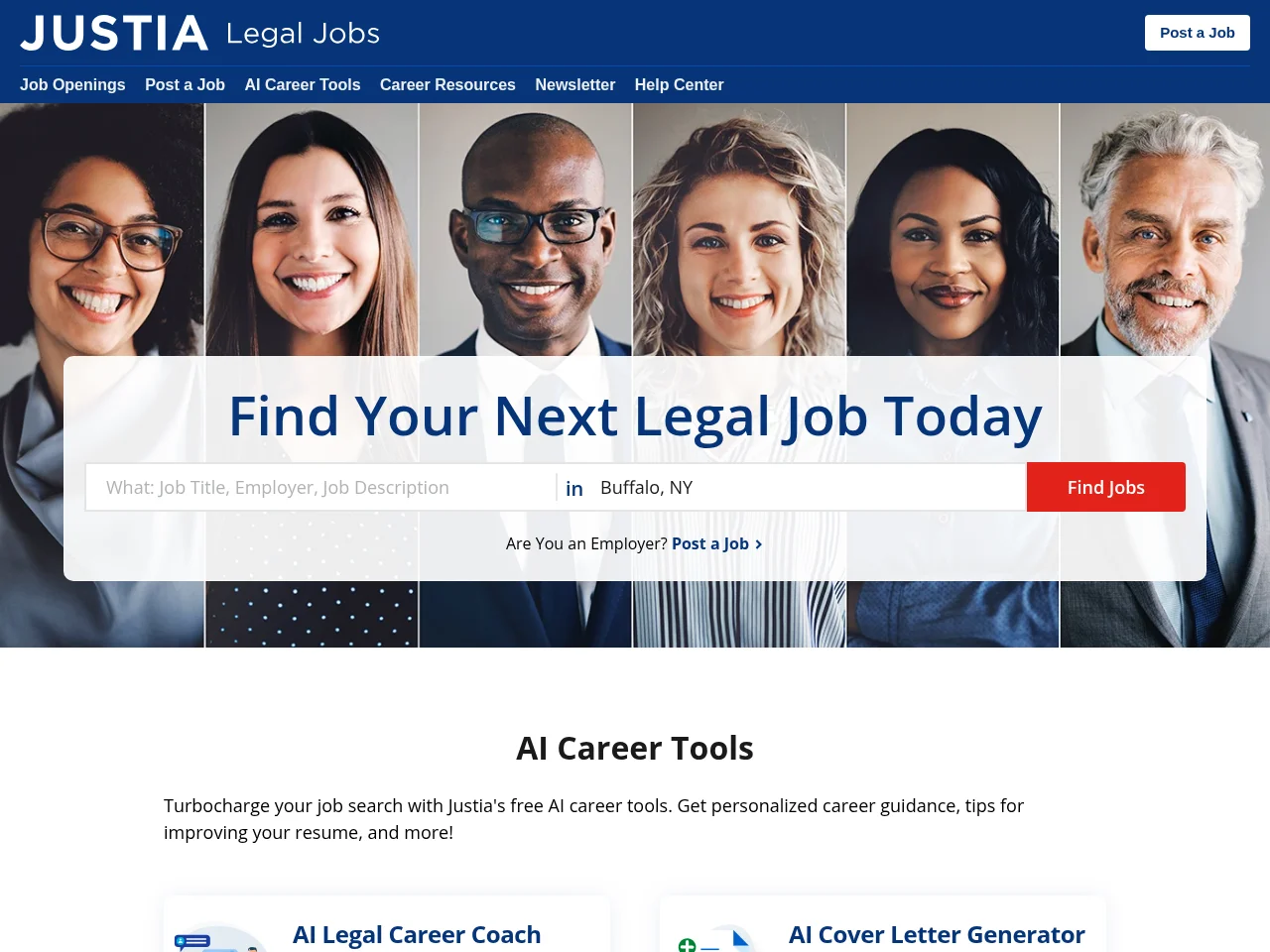 Justia Legal Jobs job board platform screenshot showing job search interface
