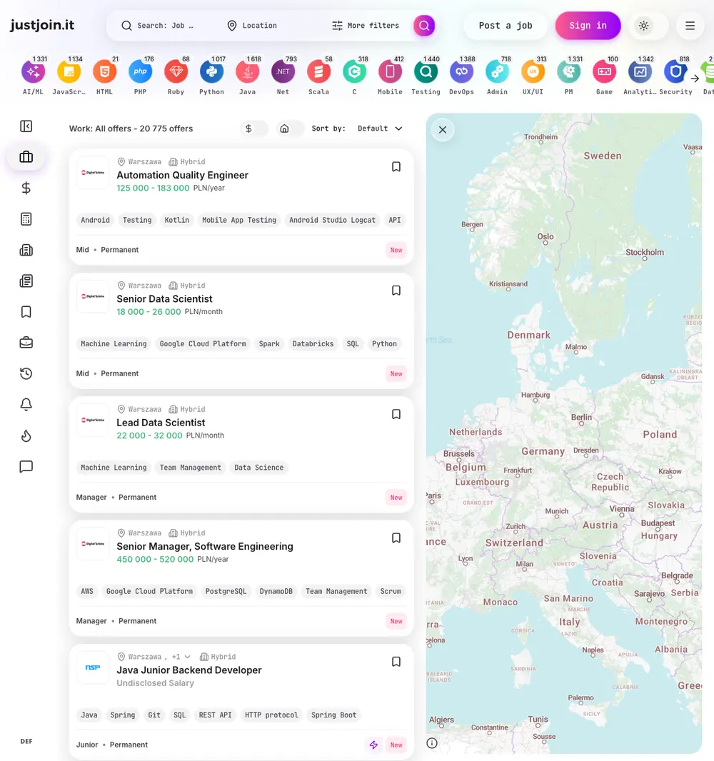 Just Join IT job board platform screenshot showing job search interface