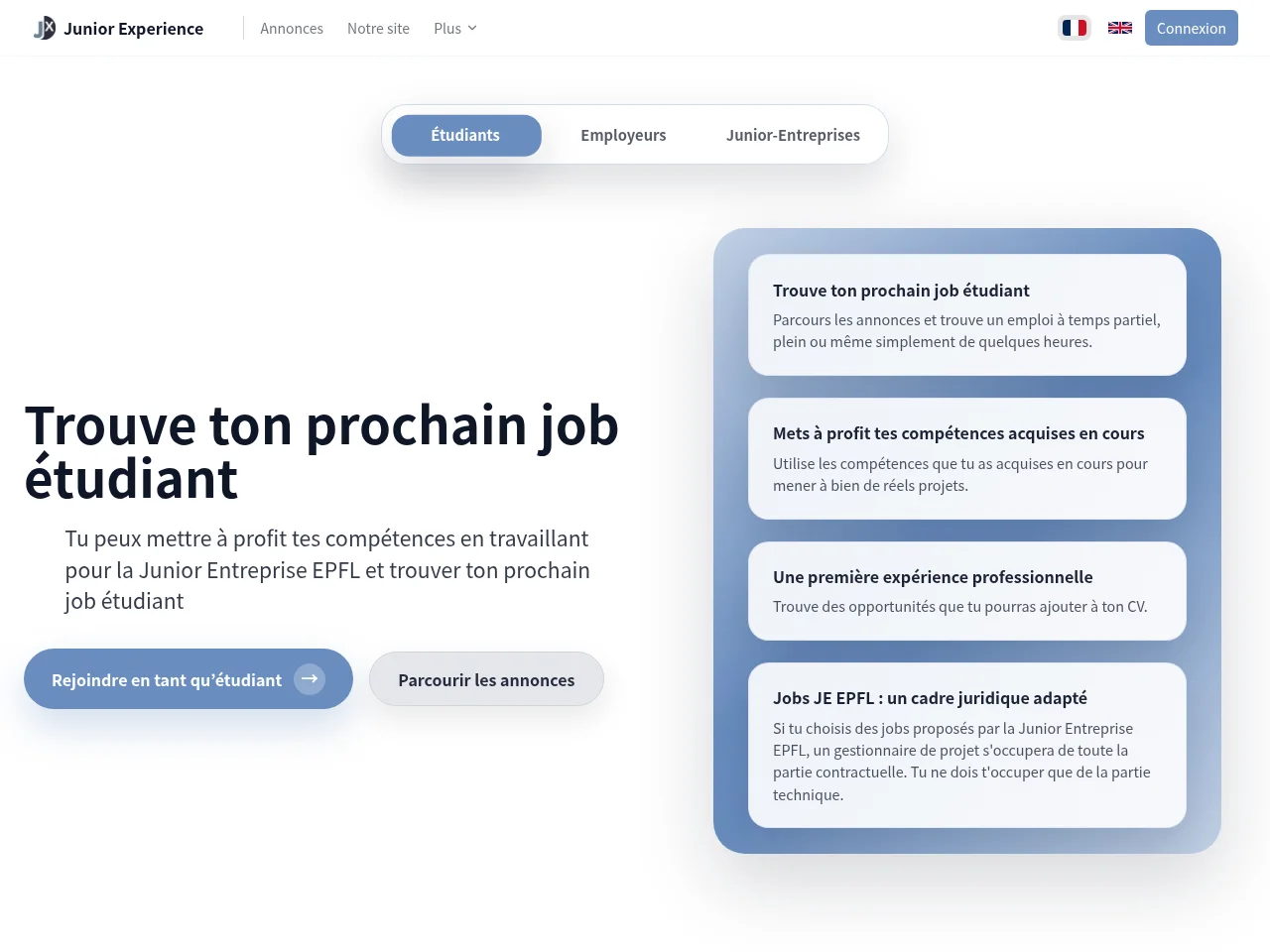 Junior Experience job board platform screenshot showing job search interface
