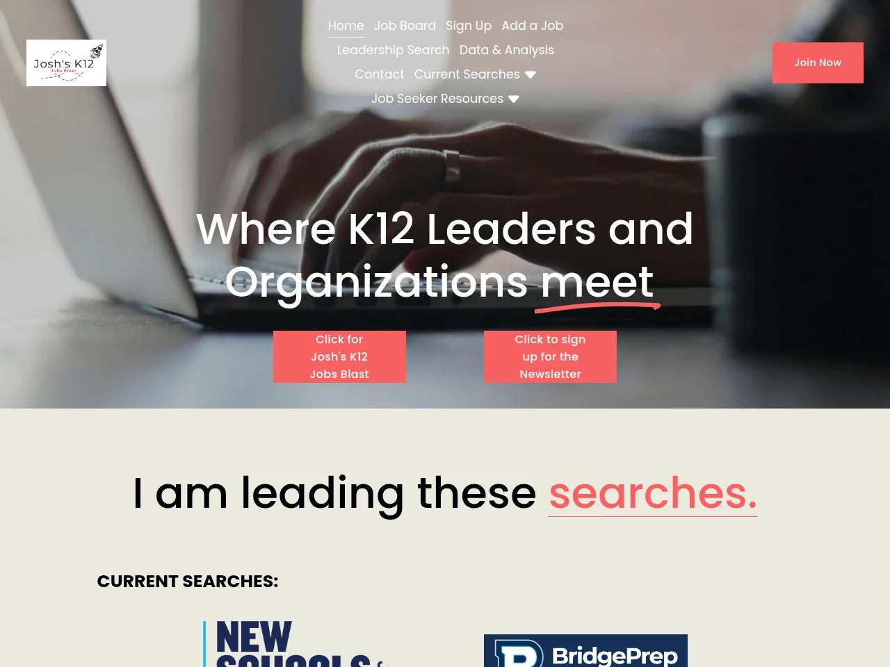 Josh's K12 Jobs Blast job board platform screenshot showing job search interface