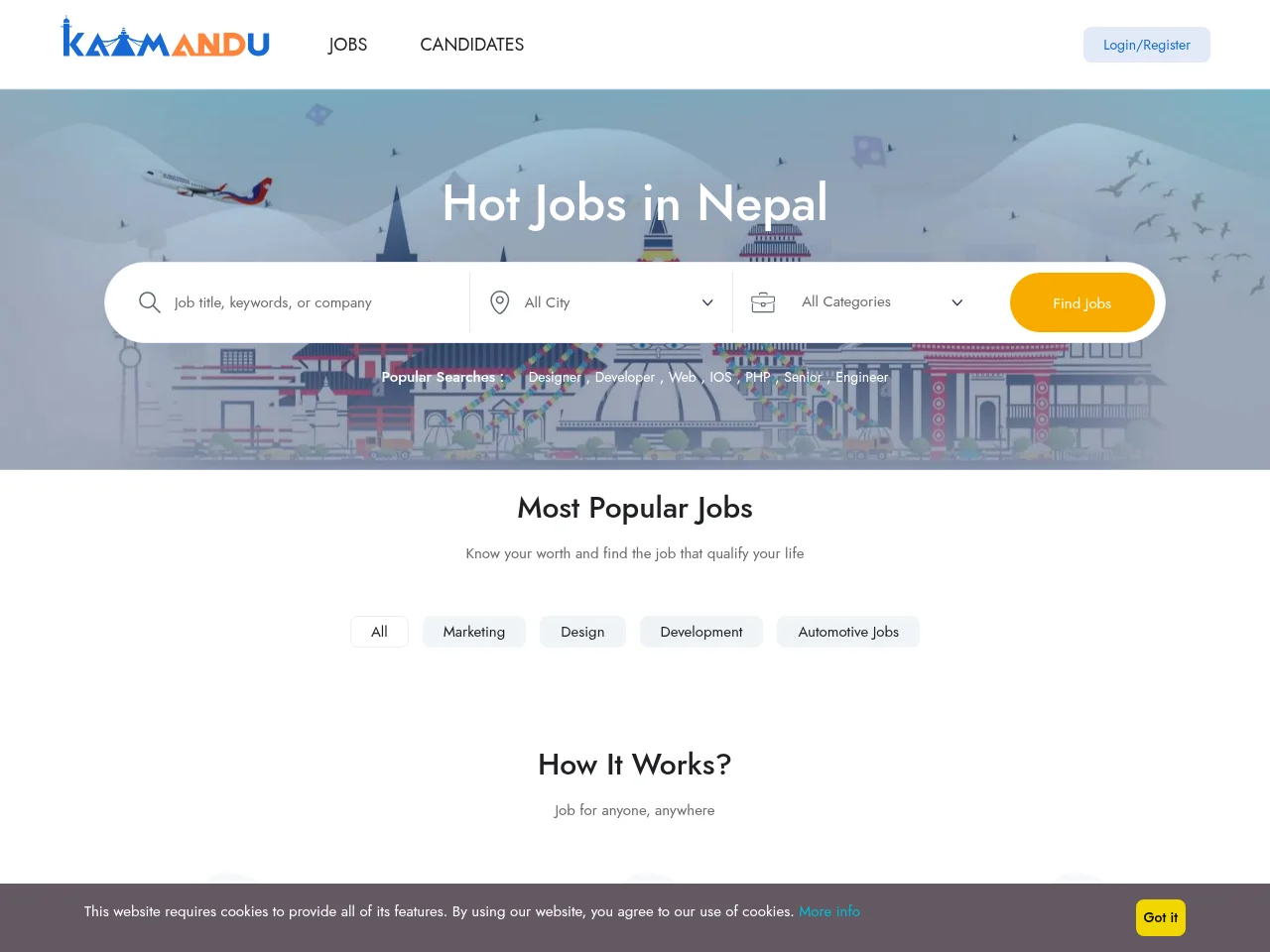 Kaamandu job board platform screenshot showing job search interface