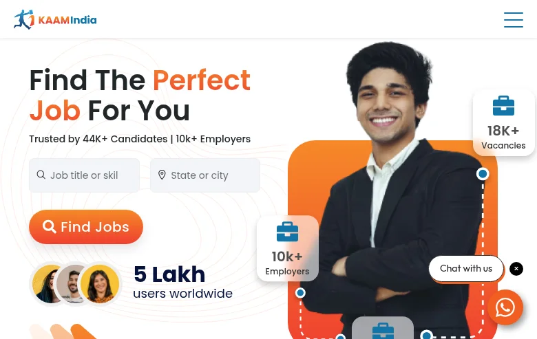KaamIndia job board platform screenshot showing job search interface