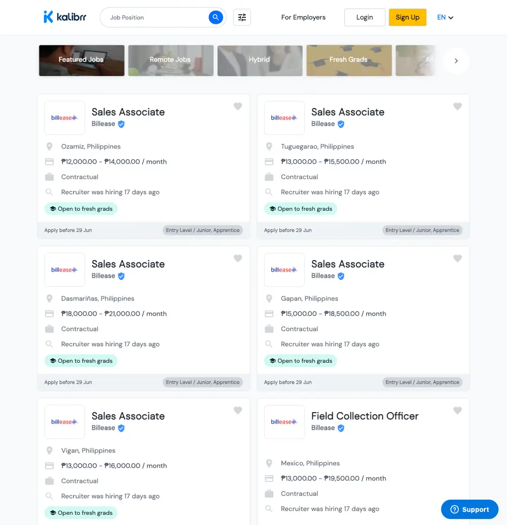 Kalibrr job board platform screenshot showing job search interface