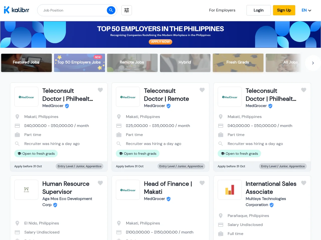 Kalibrr job board platform screenshot showing job search interface
