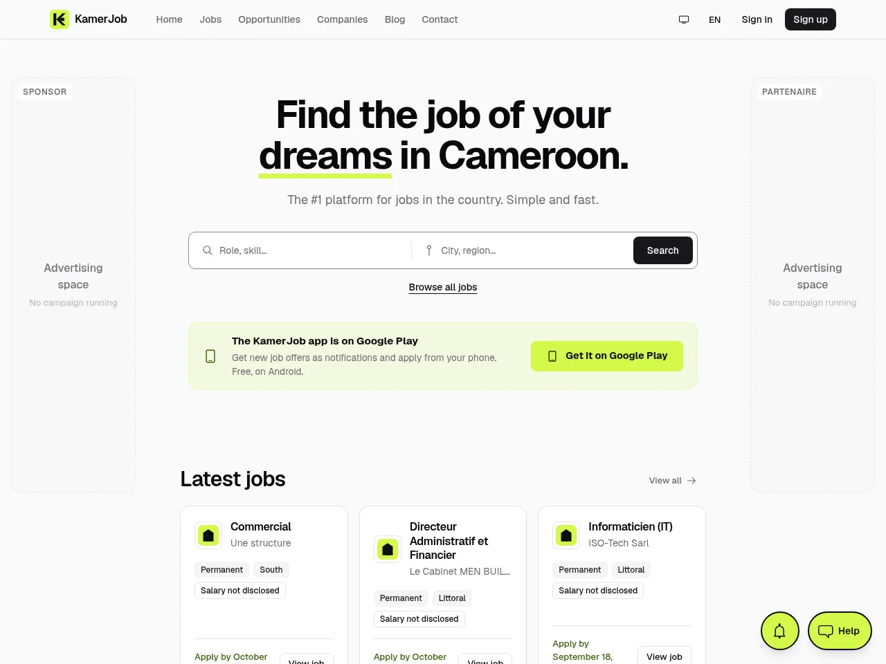 KamerJob job board platform screenshot showing job search interface
