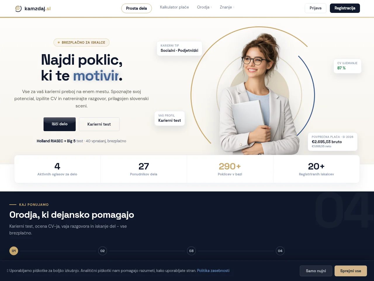 kamzdaj.si job board platform screenshot showing job search interface