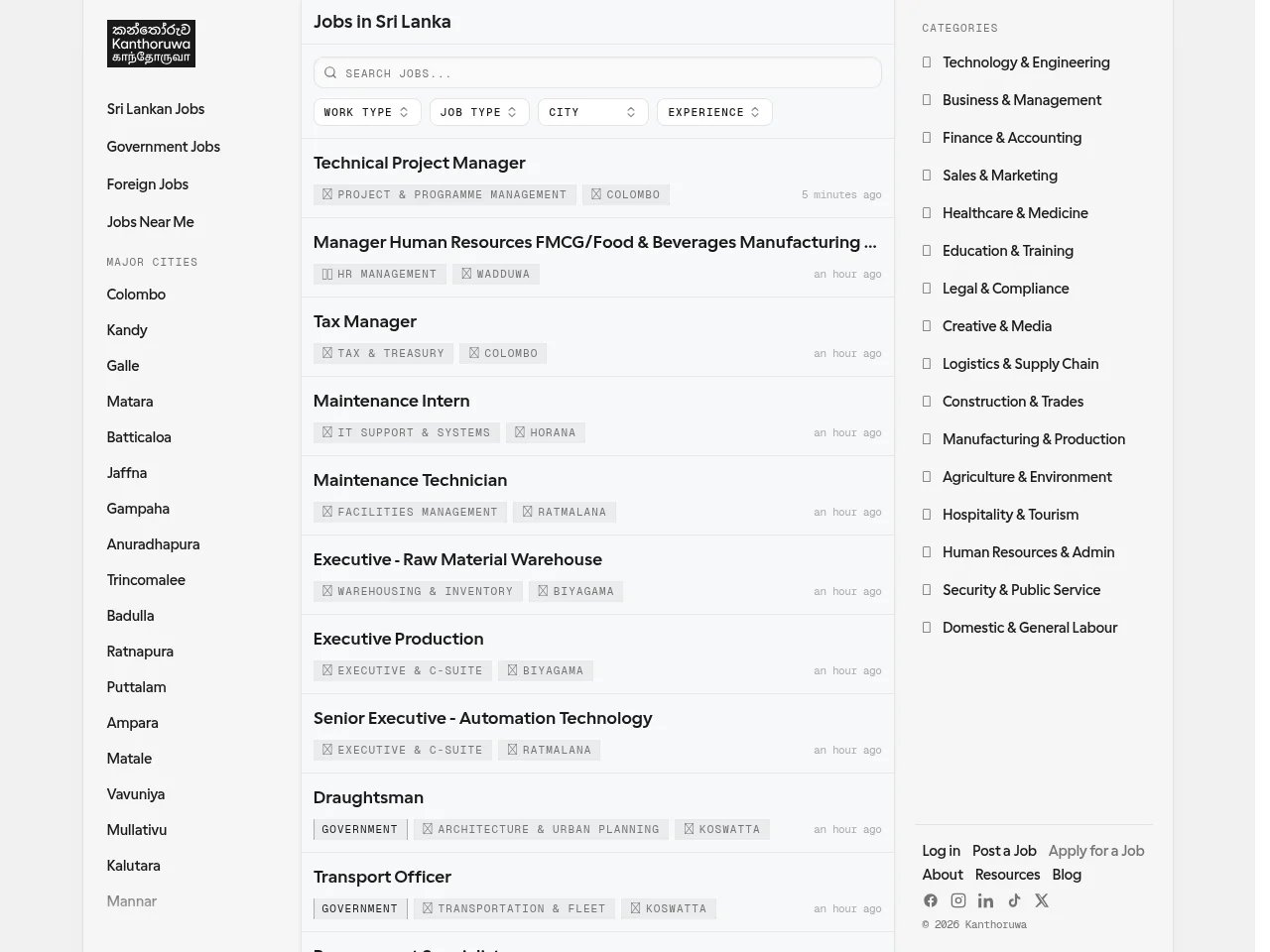 Kanthoruwa job board platform screenshot showing job search interface