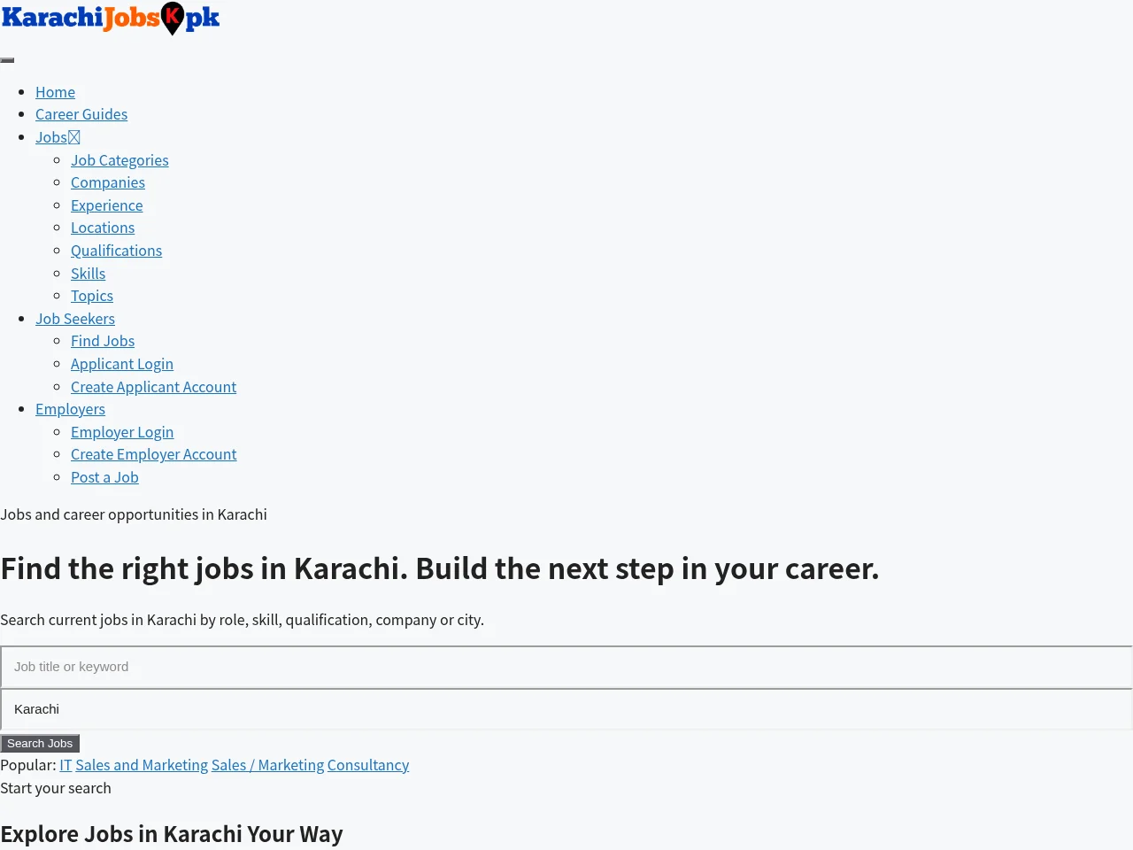 karachijobs.pk job board platform screenshot showing job search interface
