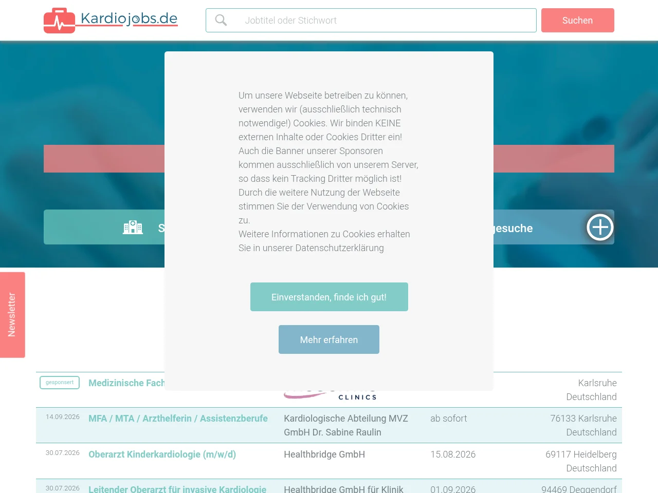 Kardiojobs.de job board platform screenshot showing job search interface