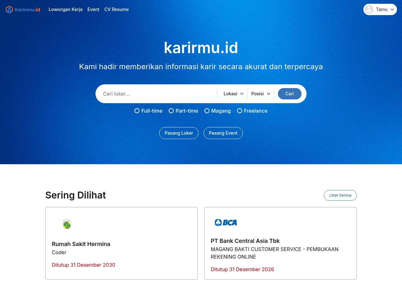 Karirmu.id screenshot Karirmu.id job board platform screenshot showing job search interface