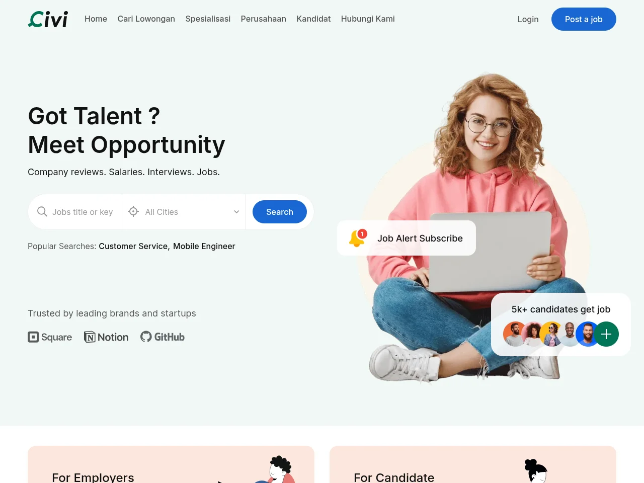 Disnakerja job board platform screenshot showing job search interface