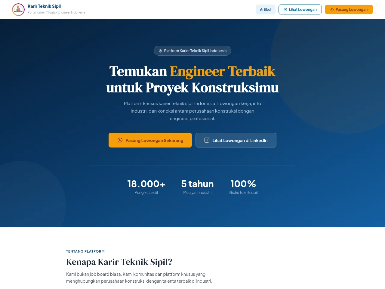 Karir Teknik Sipil job board platform screenshot showing job search interface