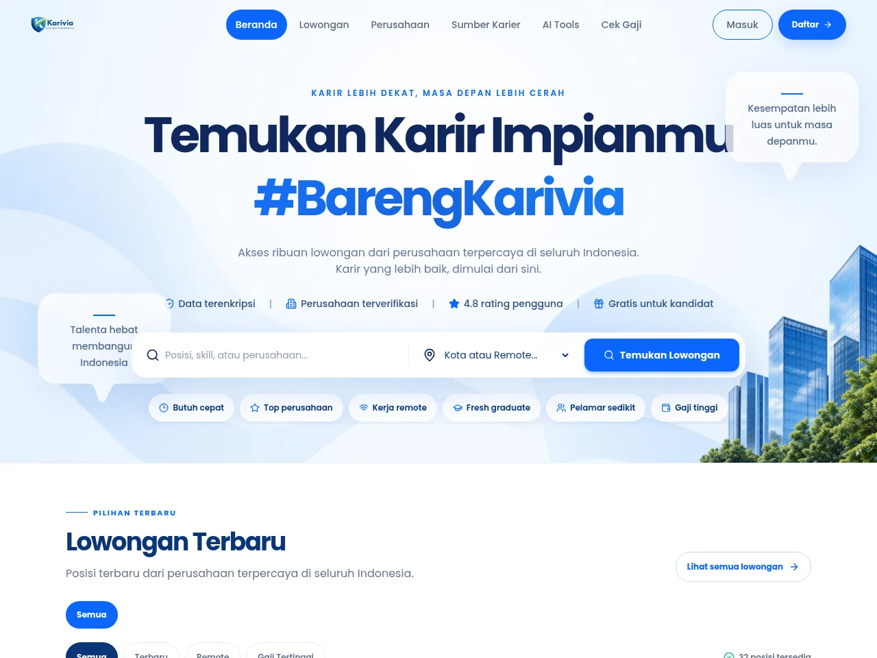 Karivia job board platform screenshot showing job search interface