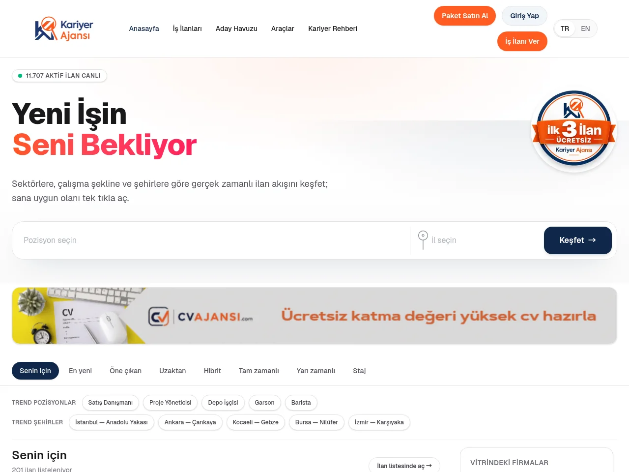 Kariyer Ajansı job board platform screenshot showing job search interface