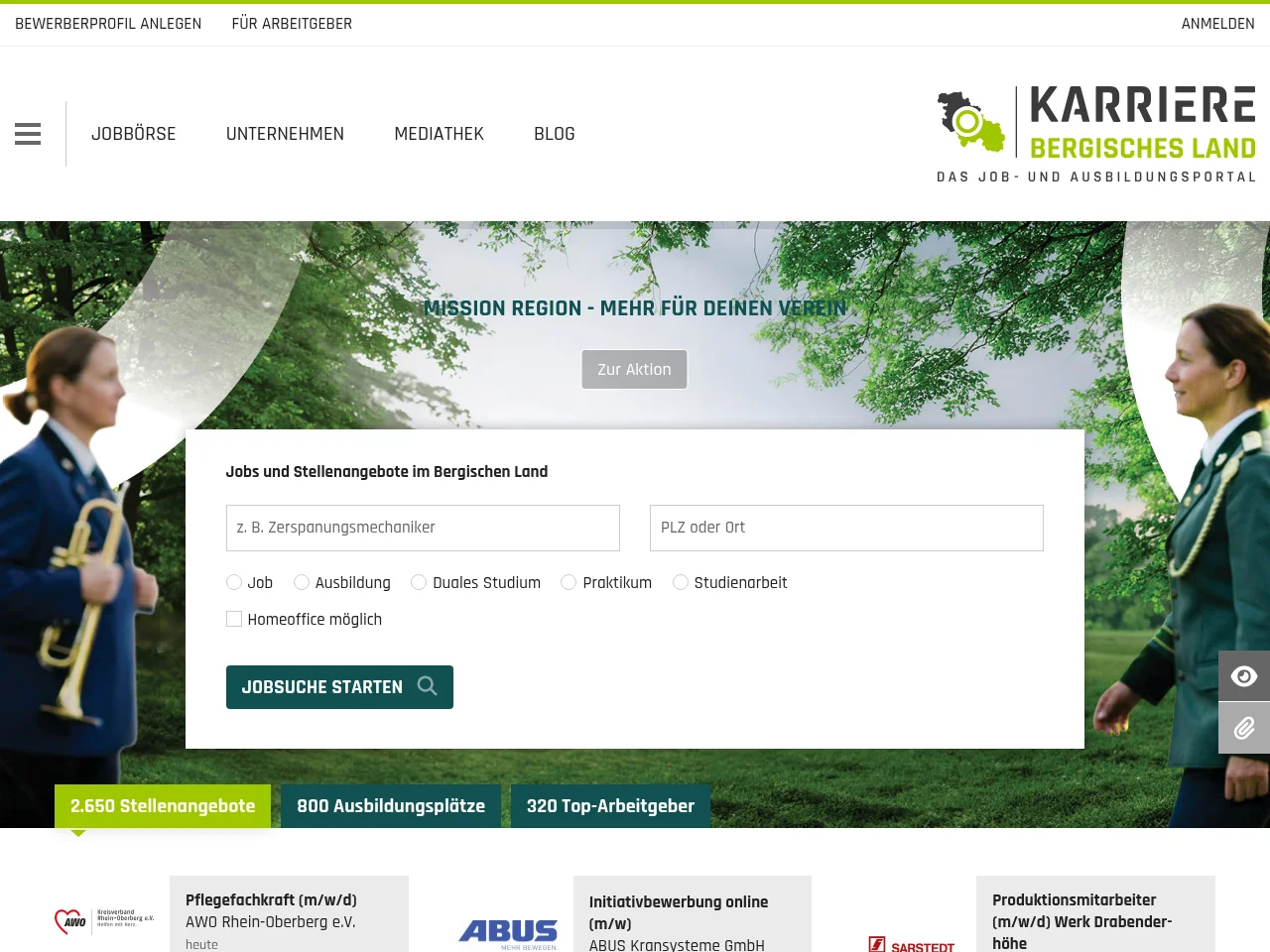 Karriere Bergisches Land job board platform screenshot showing job search interface