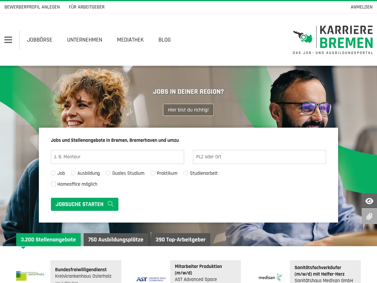 Karriere Bremen job board platform screenshot showing job search interface