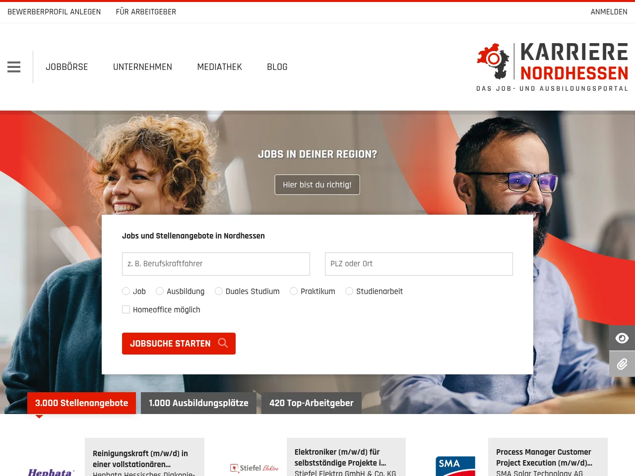 Karriere Nordhessen job board platform screenshot showing job search interface