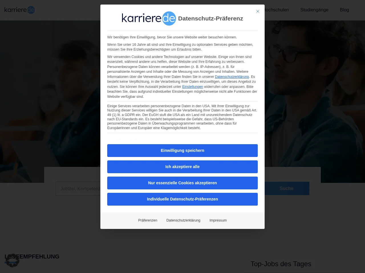 Karriere.de job board platform screenshot showing job search interface