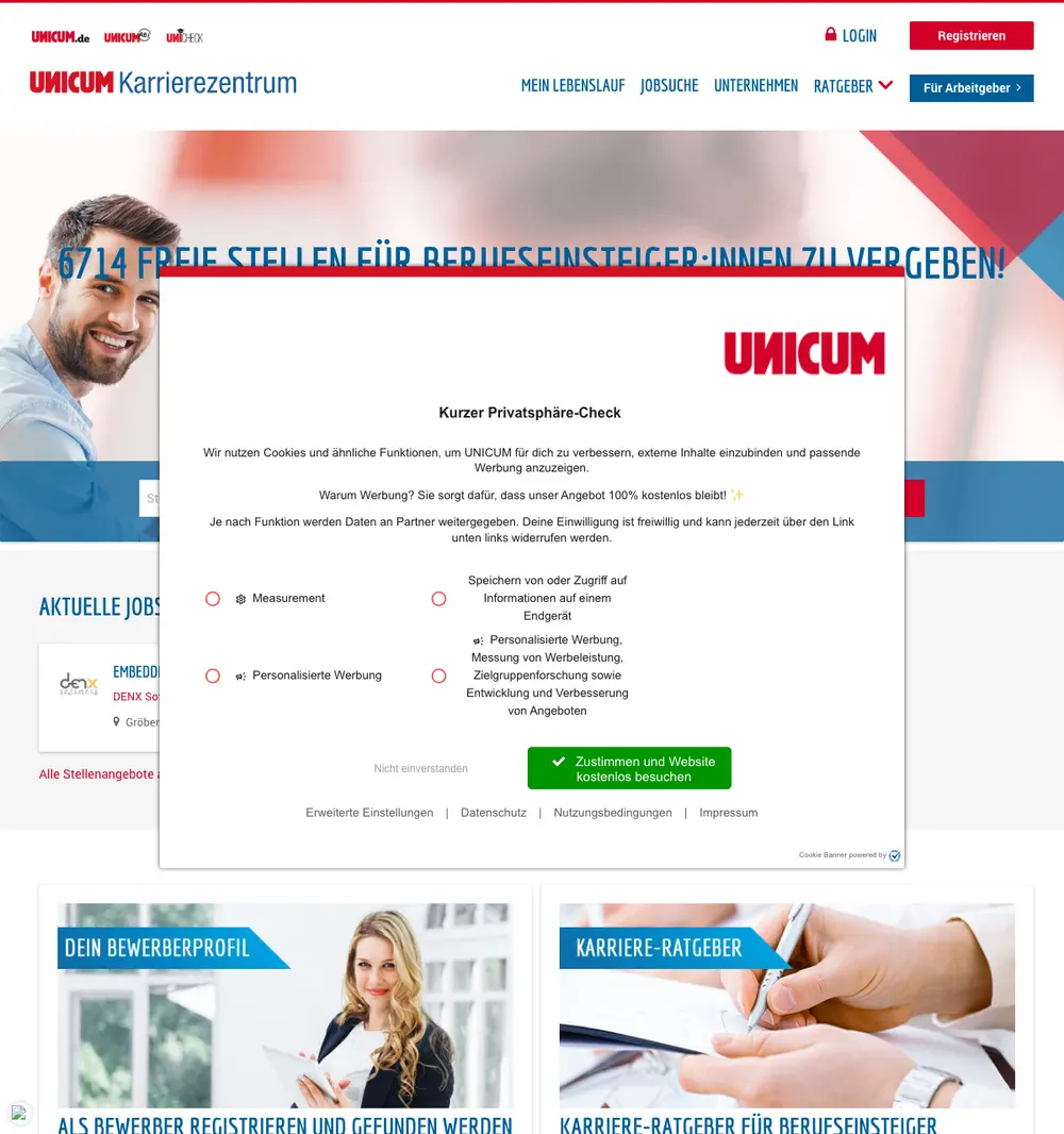 UNICUM Karrierezentrum job board platform screenshot showing job search interface